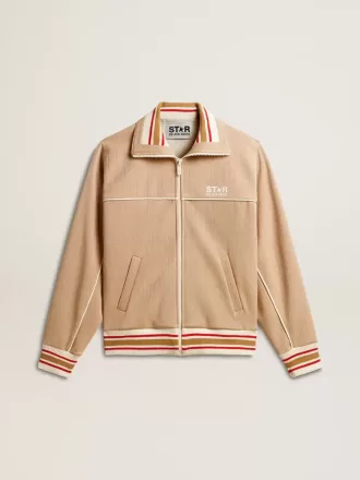 Hellbeiges Sweatshirt für Damen mit Reißverschluss und weißem Logo