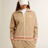 Hellbeiges Sweatshirt für Damen mit Reißverschluss und weißem Logo Hellbeiges Sweatshirt für Damen mit Reißverschluss und weißem Logo