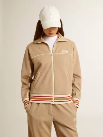 Hellbeiges Sweatshirt für Damen mit Reißverschluss und weißem Logo