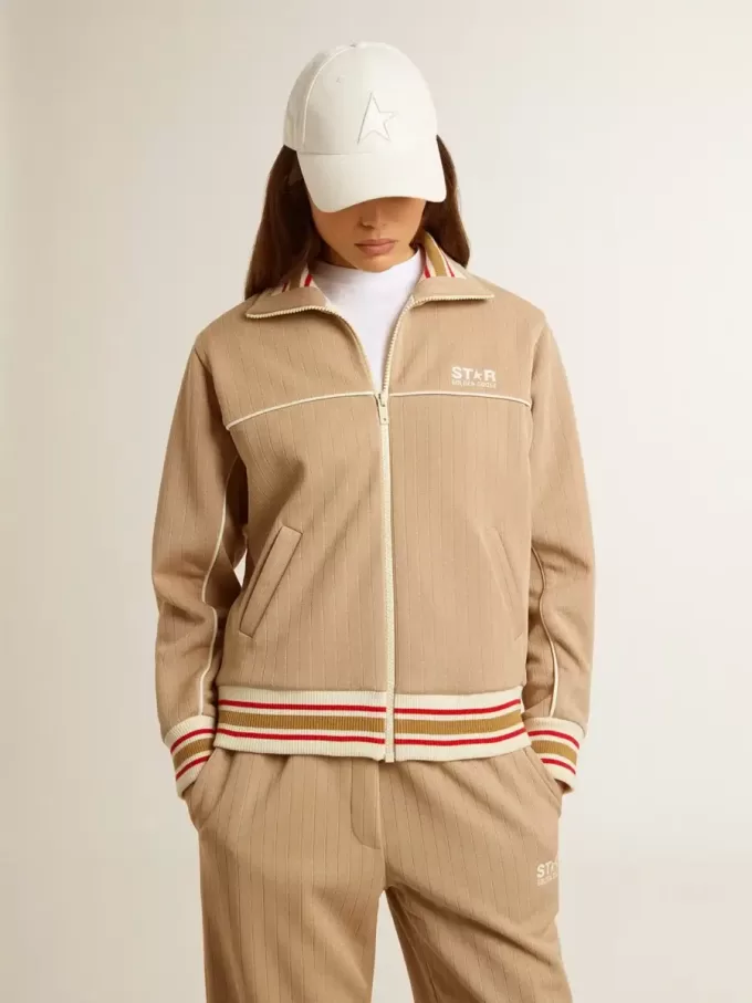 Hellbeiges Sweatshirt für Damen mit Reißverschluss und weißem Logo Hellbeiges Sweatshirt für Damen mit Reißverschluss und weißem Logo