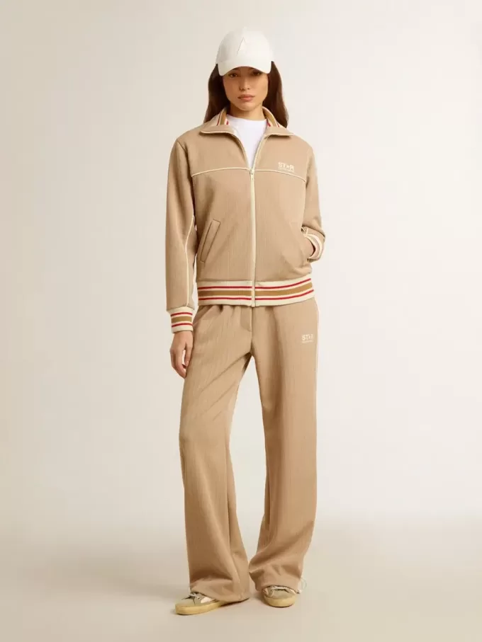 Hellbeiges Sweatshirt für Damen mit Reißverschluss und weißem Logo Hellbeiges Sweatshirt für Damen mit Reißverschluss und weißem Logo