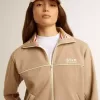 Hellbeiges Sweatshirt für Damen mit Reißverschluss und weißem Logo Hellbeiges Sweatshirt für Damen mit Reißverschluss und weißem Logo