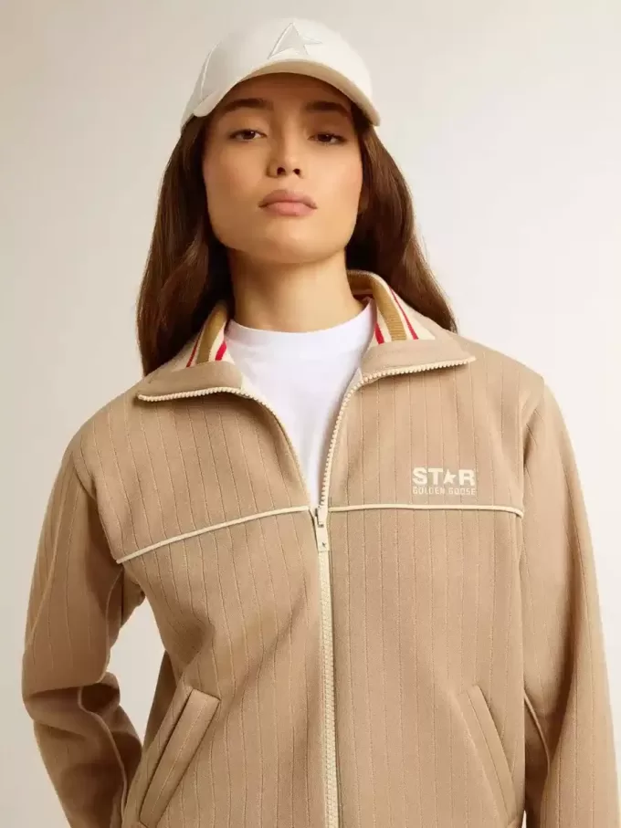 Hellbeiges Sweatshirt für Damen mit Reißverschluss und weißem Logo Hellbeiges Sweatshirt für Damen mit Reißverschluss und weißem Logo