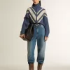 Hellblauer Jacquard-Wollpullover für Damen mit cremefarbenem Muster