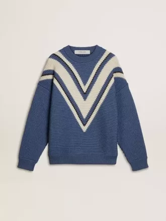 Hellblauer Jacquard-Wollpullover für Herren mit cremefarbenem Muster Hellblauer Jacquard-Wollpullover für Herren mit cremefarbenem Muster