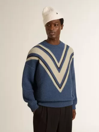 Hellblauer Jacquard-Wollpullover für Herren mit cremefarbenem Muster Hellblauer Jacquard-Wollpullover für Herren mit cremefarbenem Muster