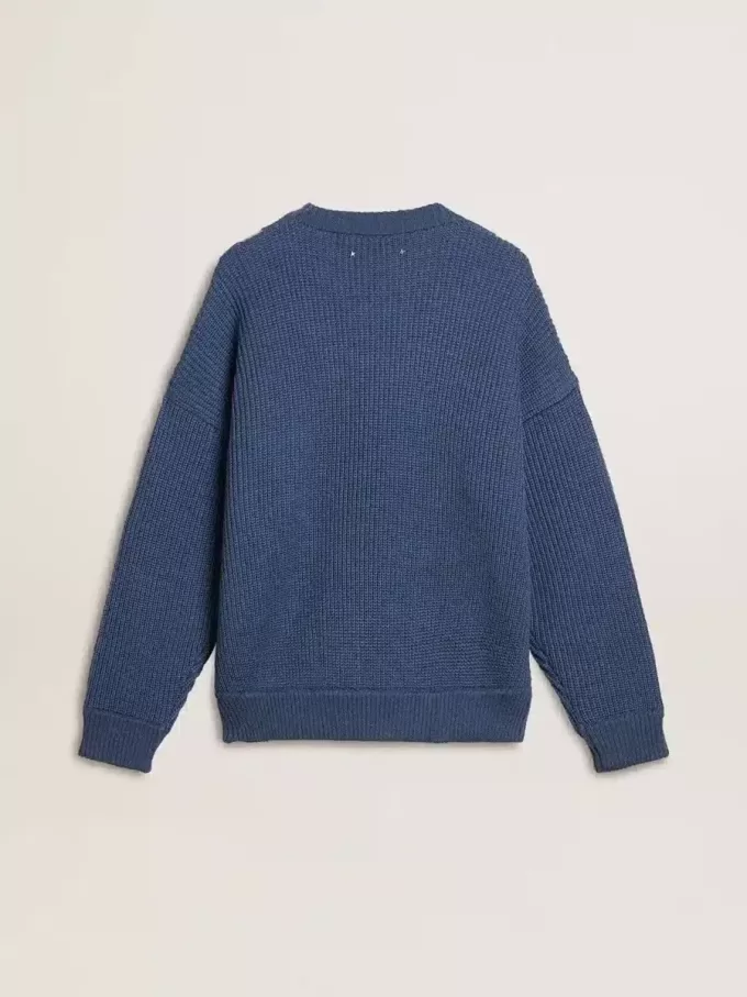 Hellblauer Jacquard-Wollpullover für Herren mit cremefarbenem Muster