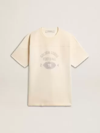 Herren-Baumwoll-T-Shirt in Vintage-Weiß mit offener Kante auf der Vorderseite Herren-Baumwoll-T-Shirt in Vintage-Weiß mit offener Kante auf der Vorderseite