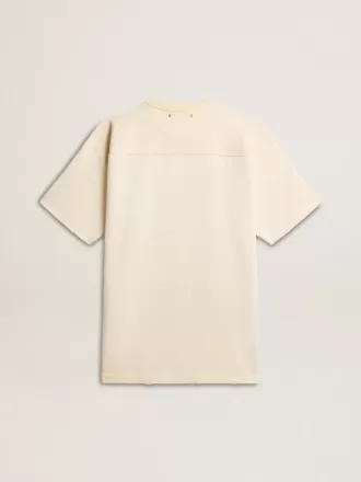 Herren-Baumwoll-T-Shirt in Vintage-Weiß mit offener Kante auf der Vorderseite Herren-Baumwoll-T-Shirt in Vintage-Weiß mit offener Kante auf der Vorderseite