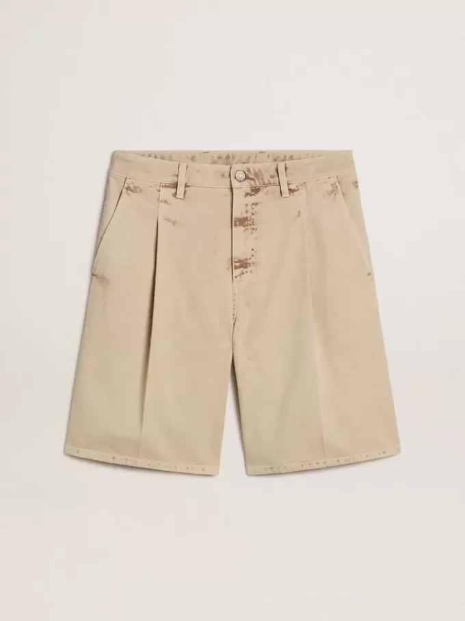 Herren-Bermudashorts aus beigem Denim mit Used-Look-Finish