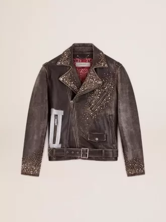 Herren-Bikerjacke aus Leder mit gehämmerten Nieten und Klebeband