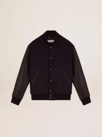 Herren-Bomberjacke aus dunkelblauer Wolle mit Lederärmeln Herren-Bomberjacke aus dunkelblauer Wolle mit Lederärmeln