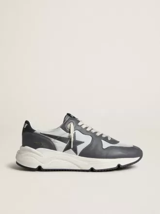 Herren-Laufsohle aus grauem Nylon und schwarzem Nappaleder mit schwarzem Wildlederstern Herren-Laufsohle aus grauem Nylon und schwarzem Nappaleder mit schwarzem Wildlederstern
