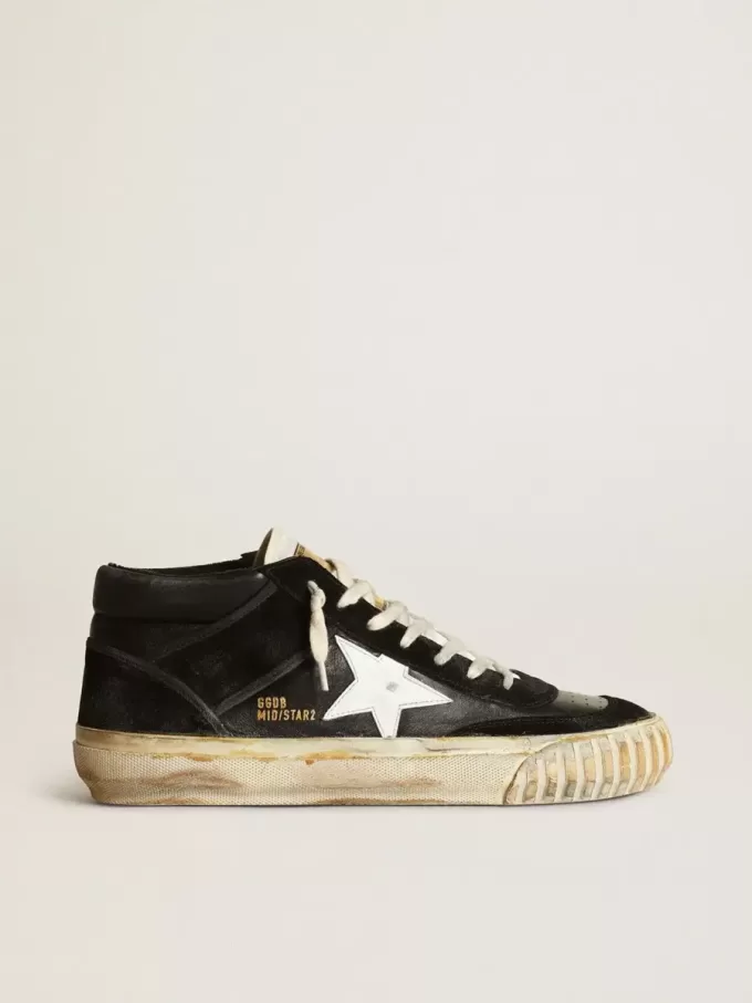 Herren-Mid Star aus schwarzem Nappaleder und Wildleder mit weißem Lederstern Herren-Mid Star aus schwarzem Nappaleder und Wildleder mit weißem Lederstern
