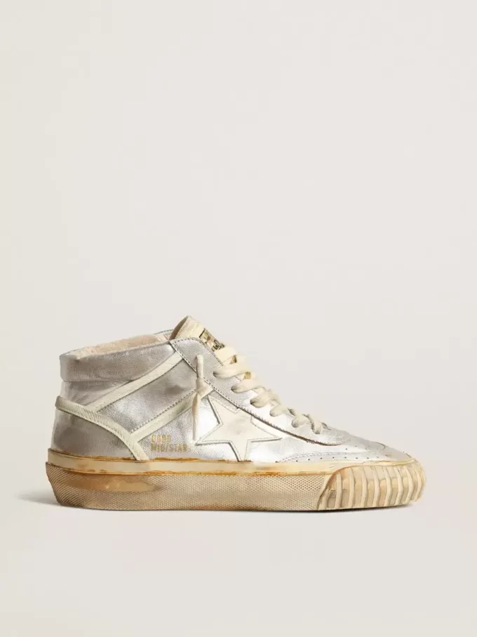Herren-Mid Star aus silbermetallischem Leder mit elfenbeinfarbenem Stern Herren-Mid Star aus silbermetallischem Leder mit elfenbeinfarbenem Stern