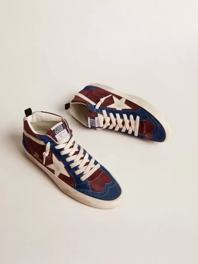 Herren-Mid Star aus weinrotem Wildleder mit weißem Nappa-Stern und Blitz Herren-Mid Star aus weinrotem Wildleder mit weißem Nappa-Stern und Blitz