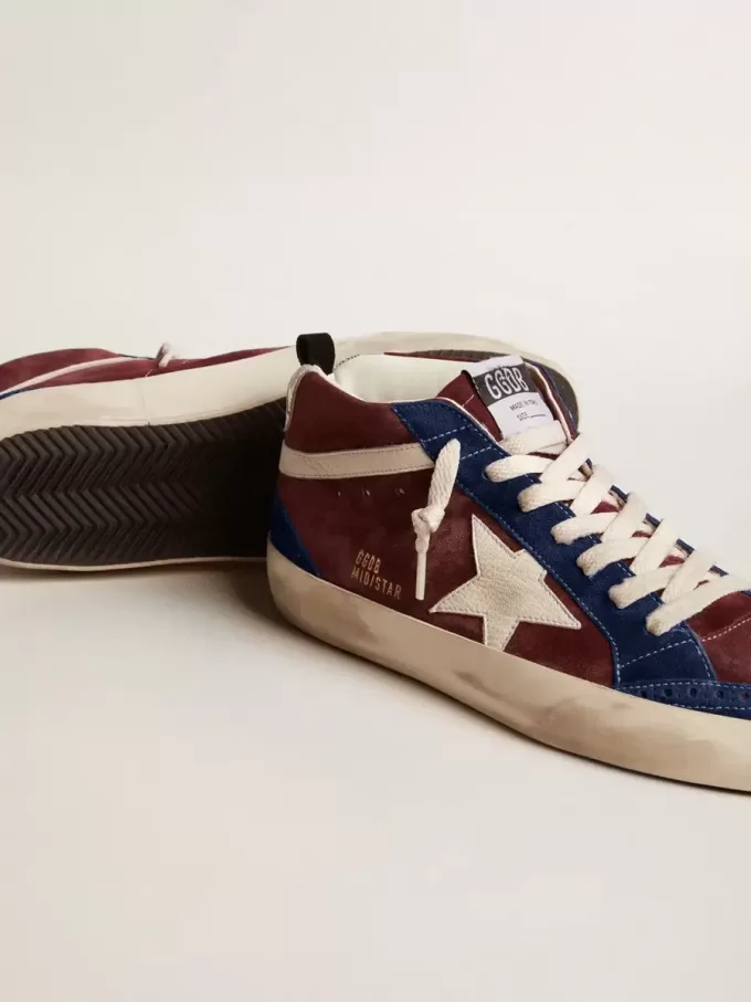 Herren-Mid Star aus weinrotem Wildleder mit weißem Nappa-Stern und Blitz Herren-Mid Star aus weinrotem Wildleder mit weißem Nappa-Stern und Blitz