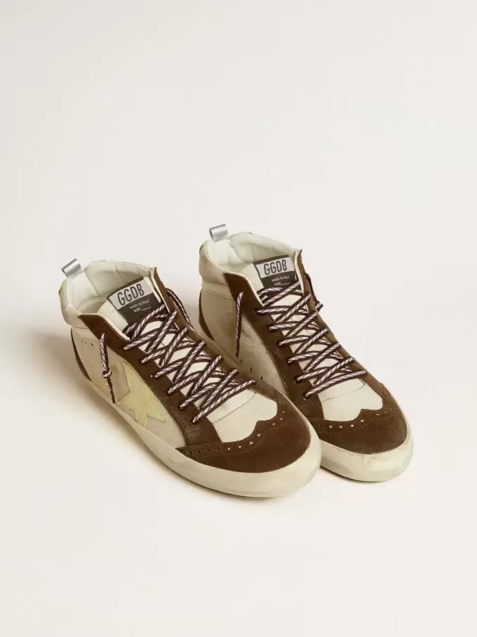 Herren-Mid-Star in Beige mit Glitzer, gelbem Wildlederstern und Baumwollstreifen Herren-Mid-Star in Beige mit Glitzer, gelbem Wildlederstern und Baumwollstreifen