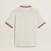 Herren-Poloshirt aus weißem, perforiertem Strick mit burgunderfarbenen Streifendetails Herren-Poloshirt aus weißem, perforiertem Strick mit burgunderfarbenen Streifendetails