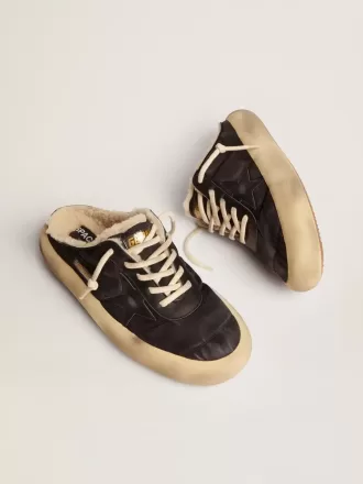 Herren-Sabot-Schuhe Space-Star aus gestepptem schwarzem Nylon mit Lammfellfutter