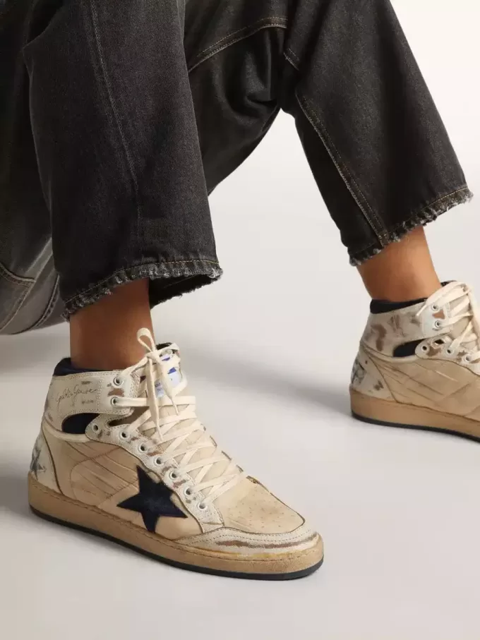 Herren-Sky-Star aus cremefarbenem Nylon und Leder mit blauem Wildlederstern