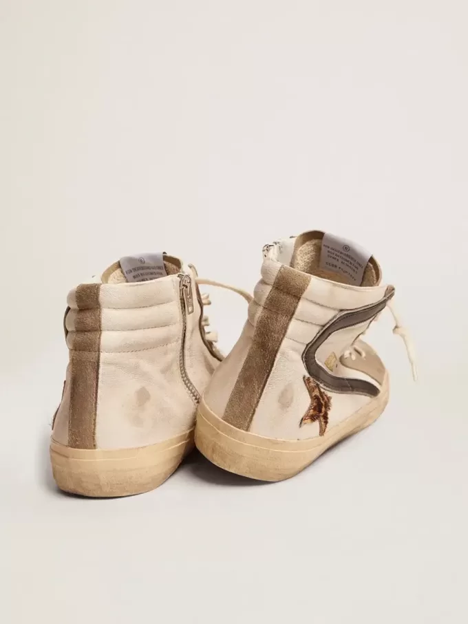Herren-Slide mit Leopardenmuster aus Ponyfell und schwarzem Flash