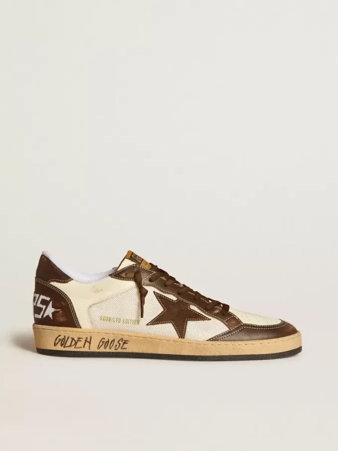 Herren-Sneaker „Ball Star” aus Nappa und Mesh mit Stern aus Wildleder und braunen Ledereinsätzen