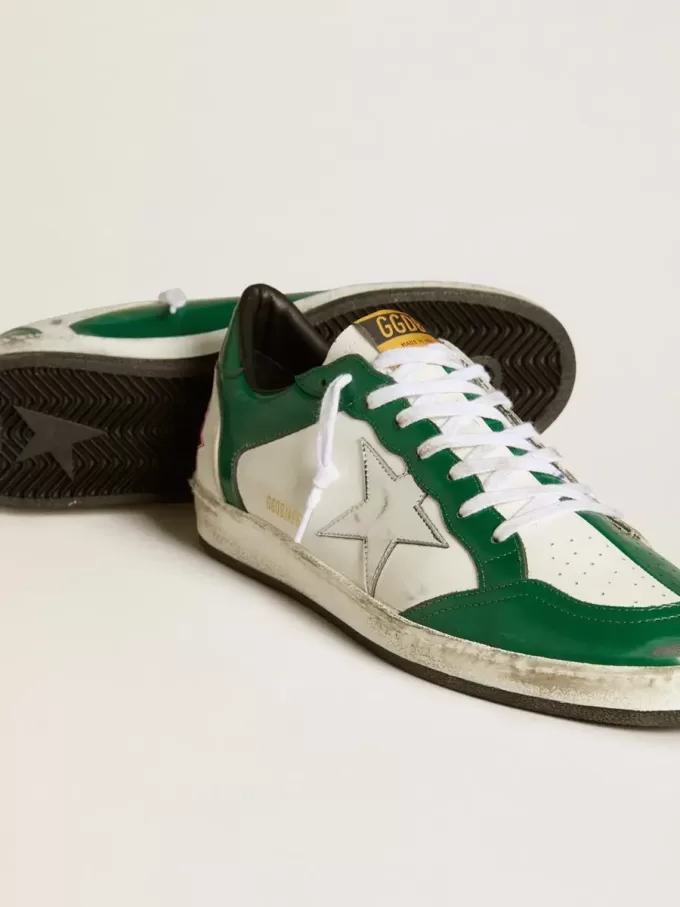 Herren-Sneaker Ball Star LAB aus grünem und weißem Leder mit silbernem Stern