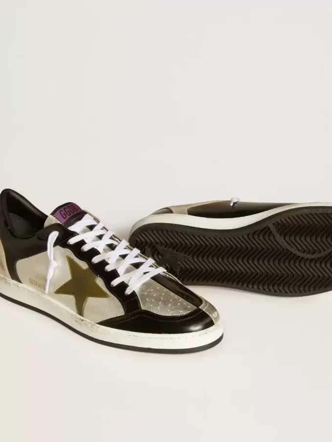 Herren-Sneaker Ball Star LAB aus silbernem Leder mit braunem Lederstern und schwarzer Fersenlasche