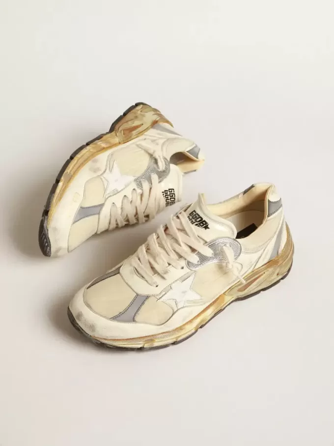 Herren-Sneaker Dad-Star aus beigem Nappaleder und Nylon mit weißem Lederstern