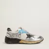 Herren-Sneaker Dad-Star aus Mesh und silberfarbenem Folienleder mit schwarzem Lederstern