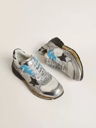 Herren-Sneaker Dad-Star aus Mesh und silberfarbenem Folienleder mit schwarzem Lederstern