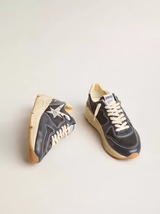 Herren-Sneaker „Running Sole” aus dunkelblauem Nappaleder und schwarzem Nylon mit silbernem Stern