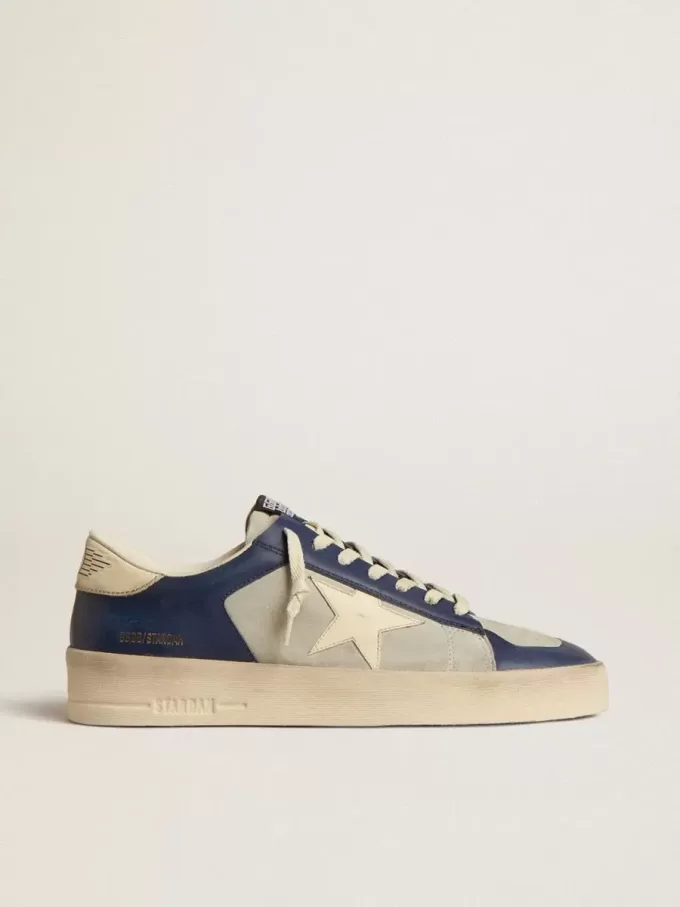 Herren-Sneaker Stardan aus grauem und blauem Leder mit cremefarbenem Stern und Fersenlasche Herren-Sneaker Stardan aus grauem und blauem Leder mit cremefarbenem Stern und Fersenlasche