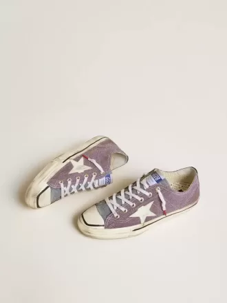 Herren-Sneaker V-Star LAB aus lila Leder und Glitzer mit weißem Stern und silberner Glitzerzunge