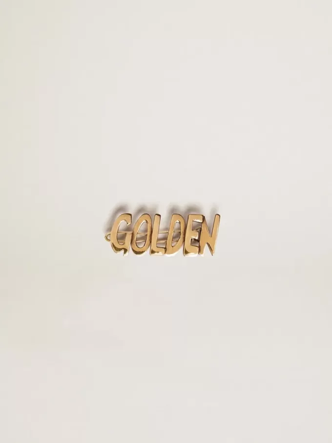 Herren-Spitzenverschluss mit Clip in Altgoldfarbe mit goldener Beschriftung Herren-Spitzenverschluss mit Clip in Altgoldfarbe mit goldener Beschriftung
