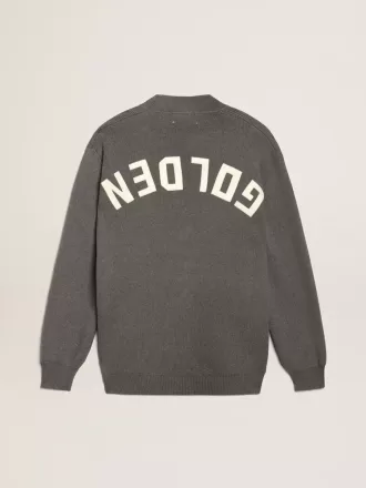 Herren-Strickjacke aus melierter grauer Baumwolle mit Logo auf der Rückseite