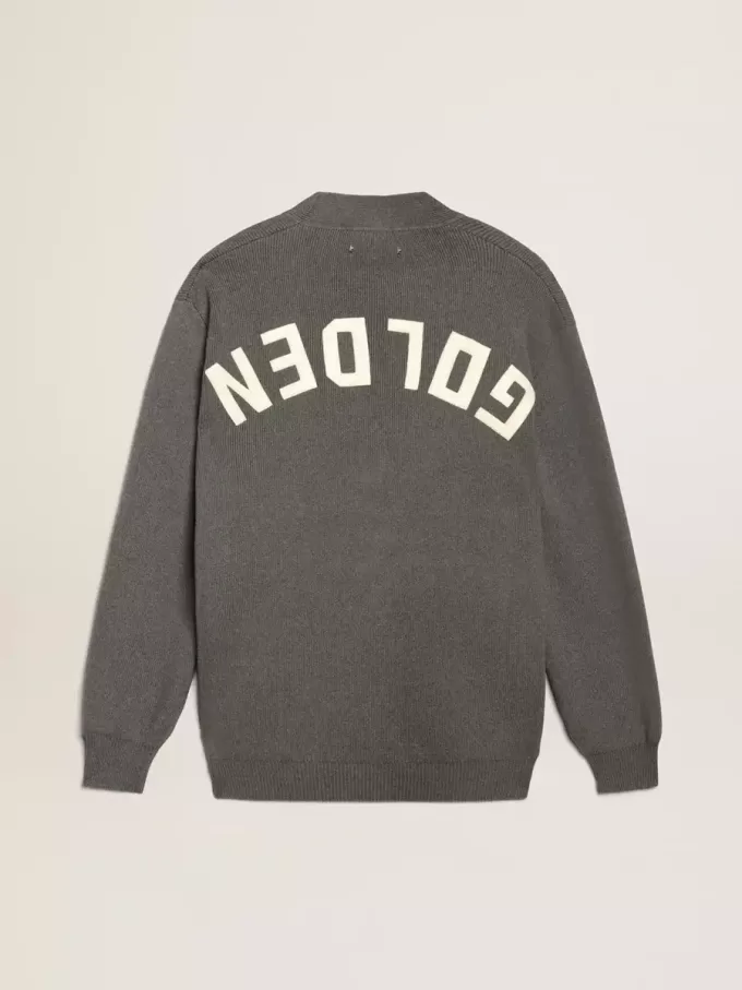 Herren-Strickjacke aus melierter grauer Baumwolle mit Logo auf der Rückseite