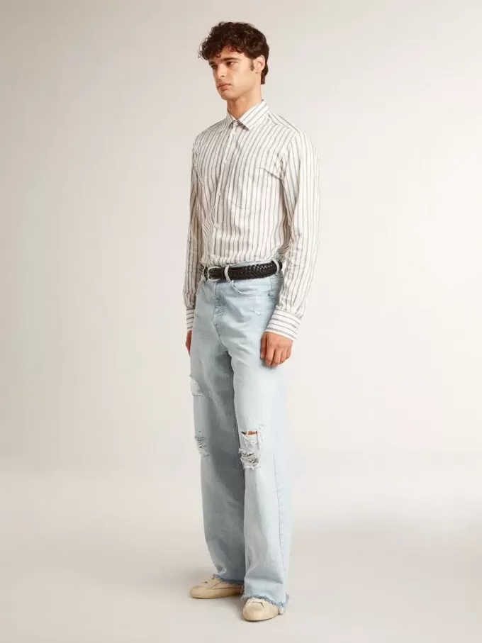 Herren-Super-Star aus Leder mit schwarzem Denim-Stern und schwarzer Leder-Fersenlasche Herren-Super-Star aus Leder mit schwarzem Denim-Stern und schwarzer Leder-Fersenlasche