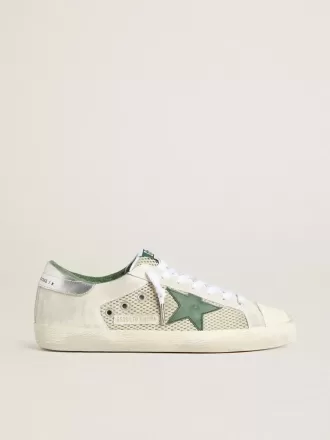 Herren-Super-Star LTD aus weißem Wildleder und Mesh mit grünem Lederstern und silberner Fersenlasche