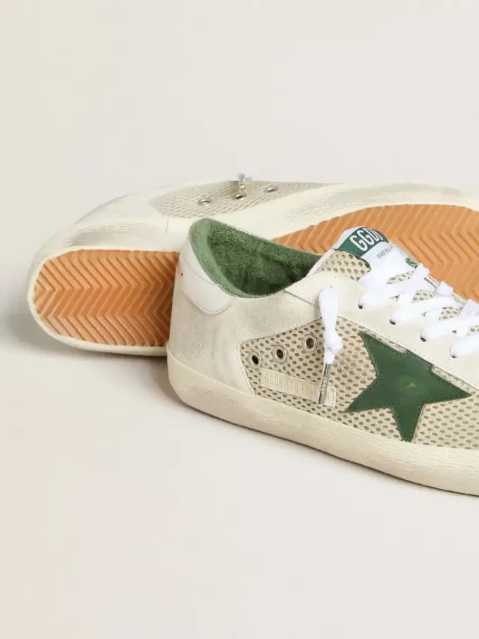 Herren-Super-Star LTD aus weißem Wildleder und Mesh mit grünem Lederstern und silberner Fersenlasche