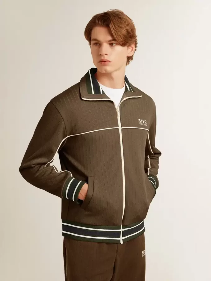 Herren-Sweatshirt in Militärgrün mit Reißverschluss und weißem Logo Herren-Sweatshirt in Militärgrün mit Reißverschluss und weißem Logo