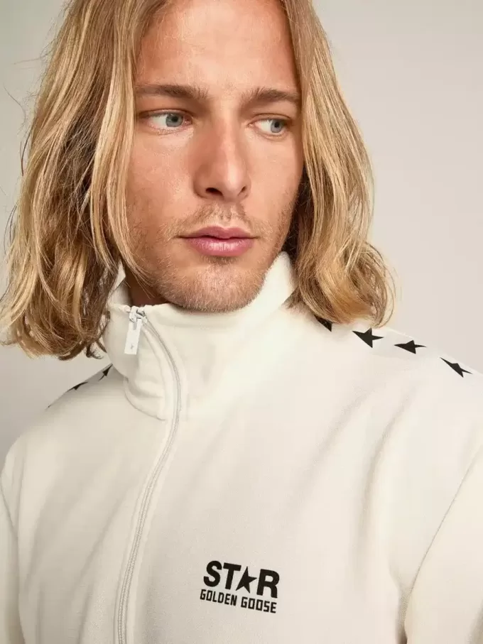 Herren-Sweatshirt in Papyrusweiß mit Reißverschluss und schwarzen Sternen Herren-Sweatshirt in Papyrusweiß mit Reißverschluss und schwarzen Sternen
