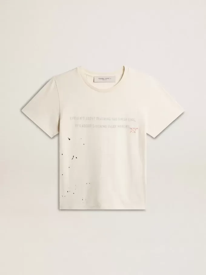 Herren-T-Shirt aus altweißer Baumwolle mit Print und Stickerei Herren-T-Shirt aus altweißer Baumwolle mit Print und Stickerei