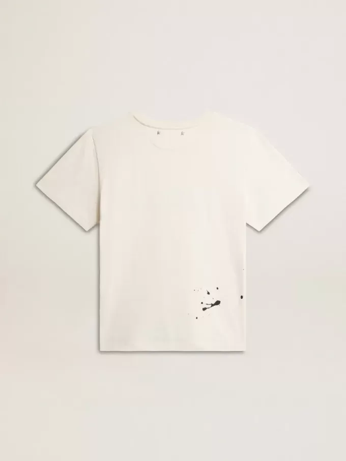 Herren-T-Shirt aus altweißer Baumwolle mit Print und Stickerei Herren-T-Shirt aus altweißer Baumwolle mit Print und Stickerei