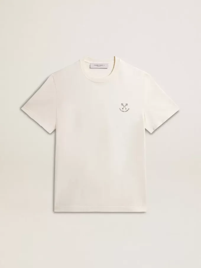 Herren-T-Shirt aus Baumwolle in Altweiß mit Aufdruck auf der Brust Herren-T-Shirt aus Baumwolle in Altweiß mit Aufdruck auf der Brust