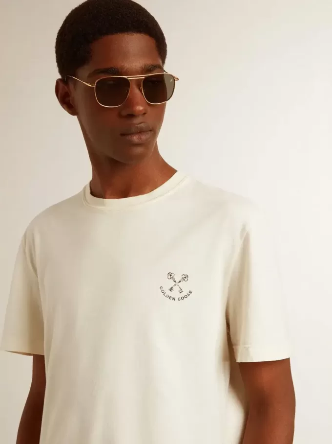 Herren-T-Shirt aus Baumwolle in Altweiß mit Aufdruck auf der Brust Herren-T-Shirt aus Baumwolle in Altweiß mit Aufdruck auf der Brust