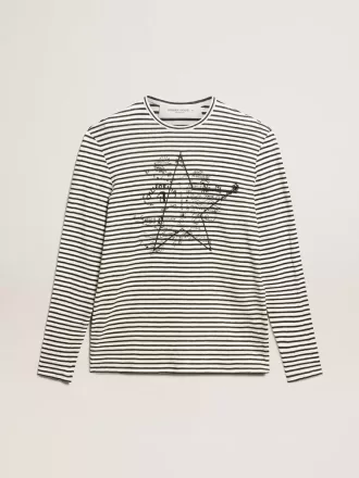Herren-T-Shirt mit weißen und blauen Streifen und Stickerei auf der Vorderseite