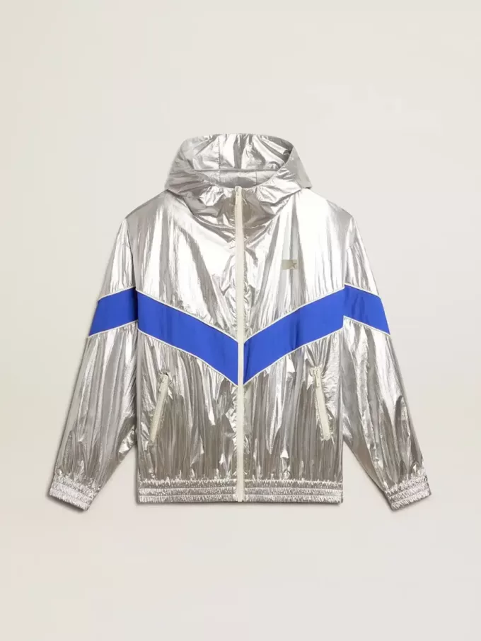 Herren-Windjacke aus silbernem Funktionsmaterial Herren-Windjacke aus silbernem Funktionsmaterial