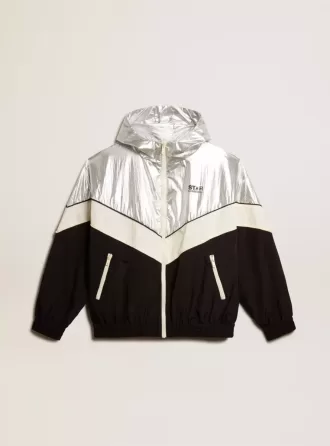 Herren-Windjacke aus silbernem und schwarzem Funktionsstoff Herren-Windjacke aus silbernem und schwarzem Funktionsstoff